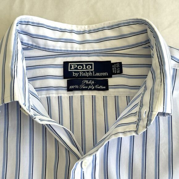 Men's Polo Ralph Lauren Philip Two Ply Cotton 16.5-33 Blue Stripe Dress Shirt - Picture 8 of 8